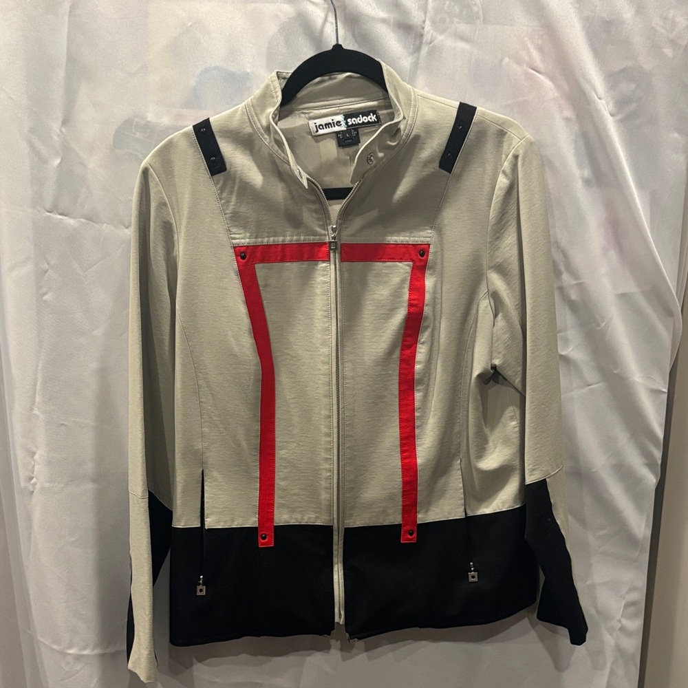Jamie Sadock Beige and Black Bomber Jacket with Red Highlights